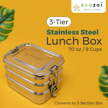 STAINLESS STEEL LUNCH BOX, 3 TIER Leak Proof, 3 COMPARTMENTS, 75 OZ