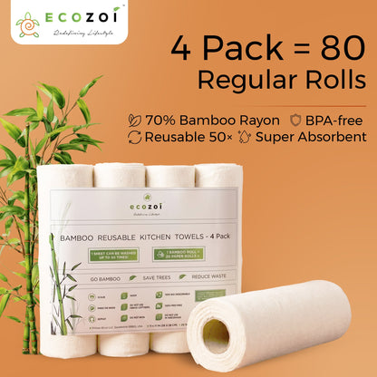 Reusable Bamboo Kitchen Paper Towels - Tree-Free, Eco-Friendly Rolls, 4-Pack
