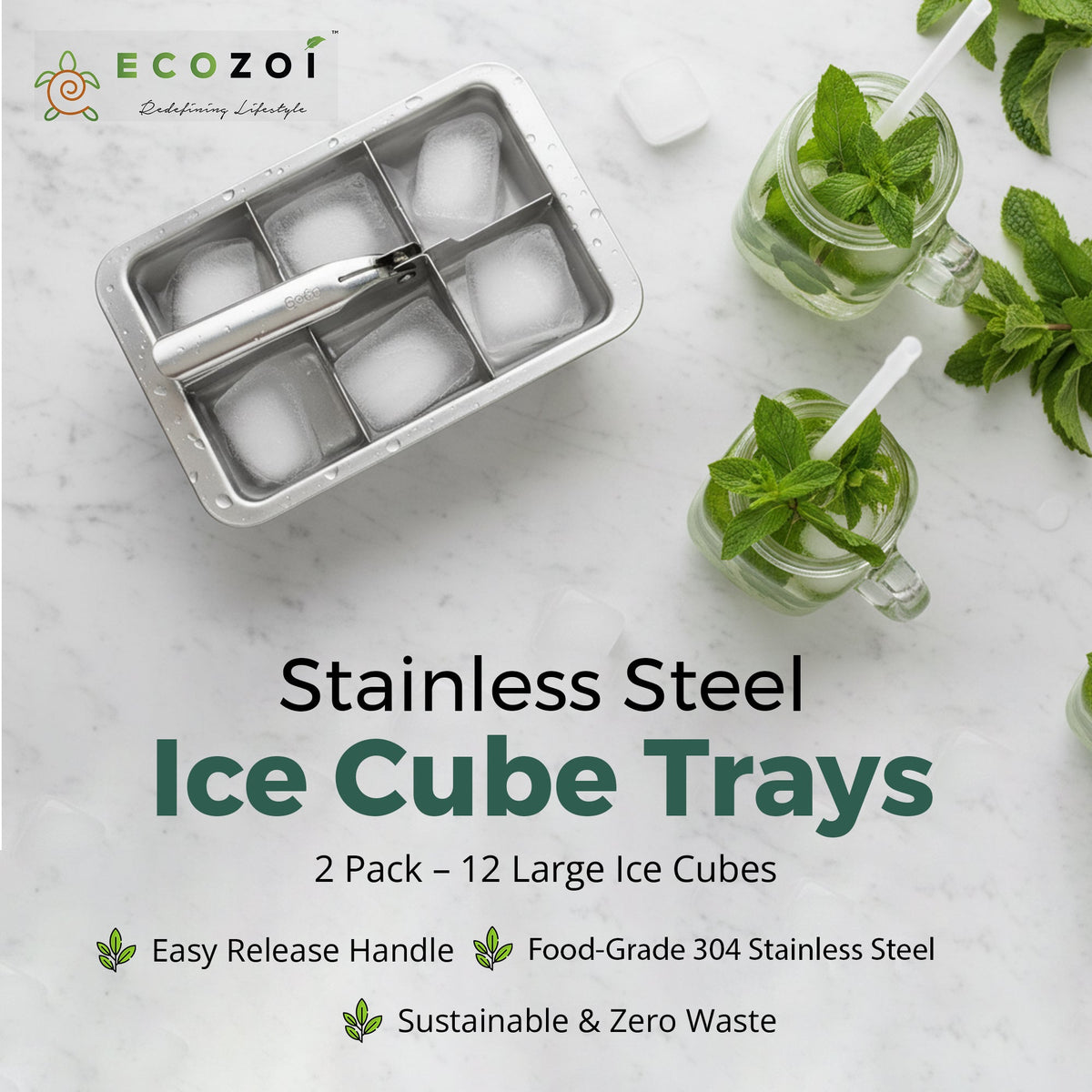 Ecozoi Stainless Steel Ice Cube Trays with Easy Release, 2 Pack, 12 Large Cubes