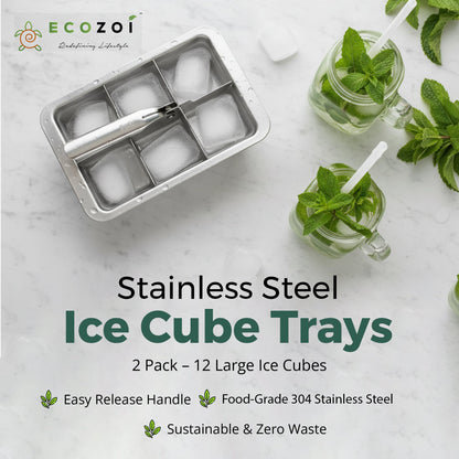 Ecozoi Stainless Steel Ice Cube Trays with Easy Release, 2 Pack, 12 Large Cubes