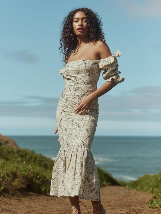 Maggie Embroidered Puff Sleeve Dress - Sand/Moonless Night Floral Outline Embroidery