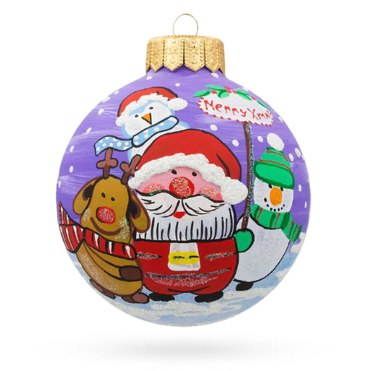 Santa, Reindeer, and Snowman Friends Glass Ball Christmas Ornament 4 Inches