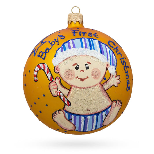 Boy with Candy Cane Glass Ball Baby's First Christmas Ornament 4 Inches
