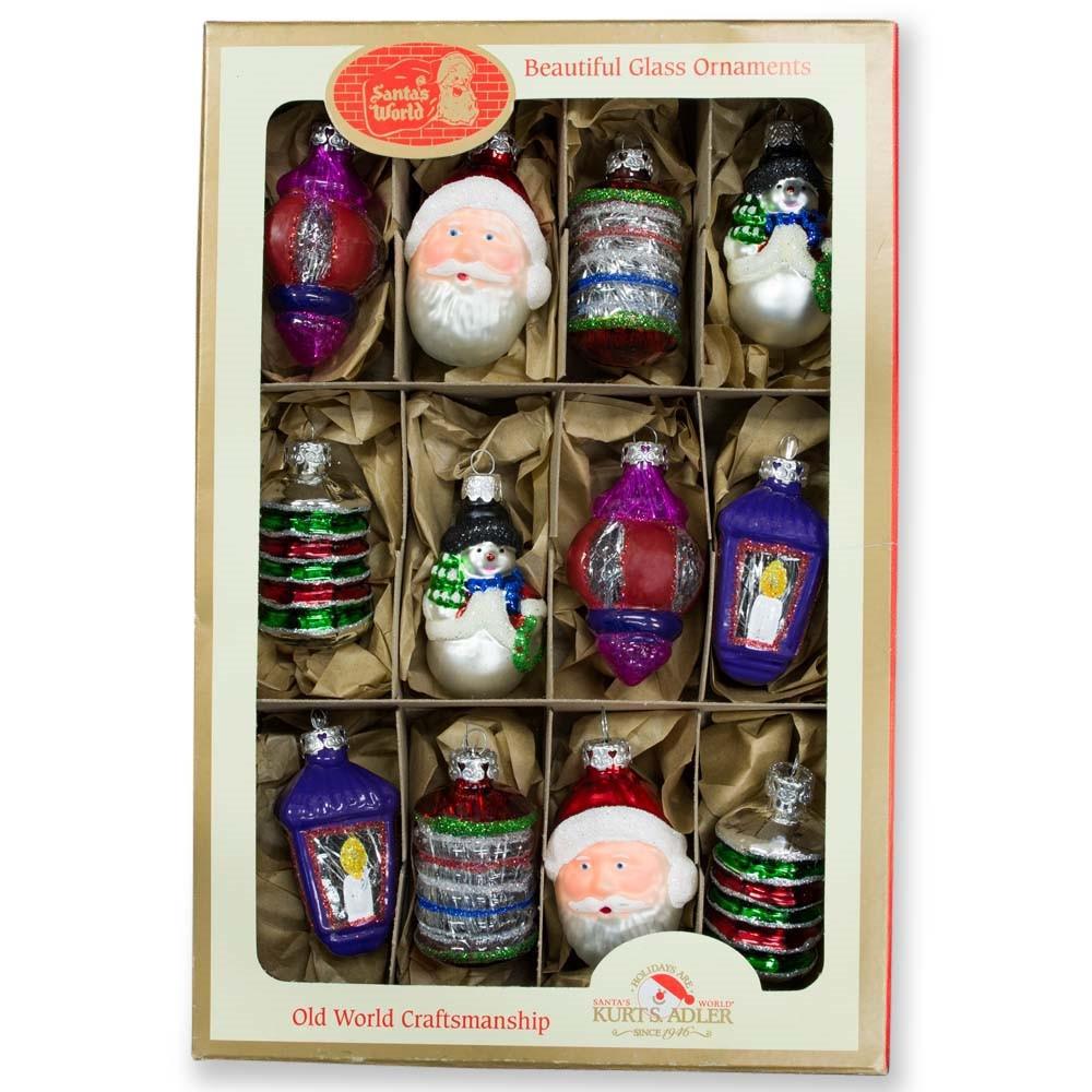 Set of 12 Santa, Snowman and Lantern Christmas Glass Ornaments 2.5 Inches