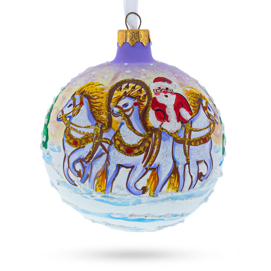 Majestic Santa in Winter Riding 3 White Horses Glass Ball Christmas Ornament 3.25 Inches