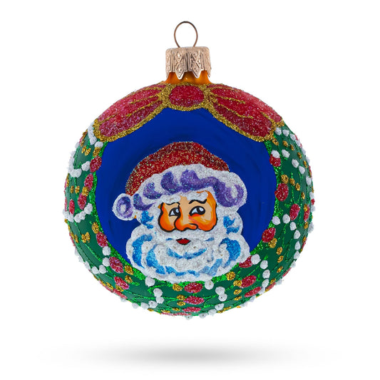 Festive Santa Wreath Gifts Glass Ball Christmas Ornament 3.25 Inches