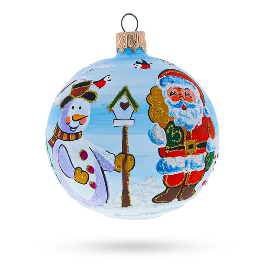Enchanting Snowman with Bird House and Santa Glass Ball Christmas Ornament 3.25 Inches