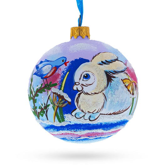 Charming Bunny Rabbit and Bird Whimsical Glass Ball Christmas Ornament  3.25 Inches