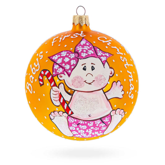 Girl with Candy Cane Glass Ball Baby's First Christmas Ornament 4 Inches