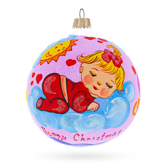 Girl Slumbering on Fluffy Clouds Baby's First Glass Ball Christmas Ornament 4 Inches