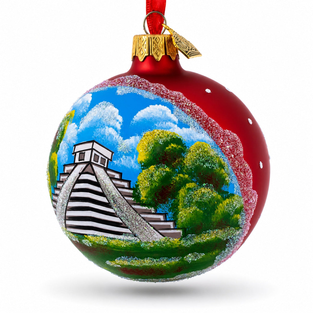 Mayan Pyramid, Mexico Glass Ball Christmas Ornament 3.25 Inches