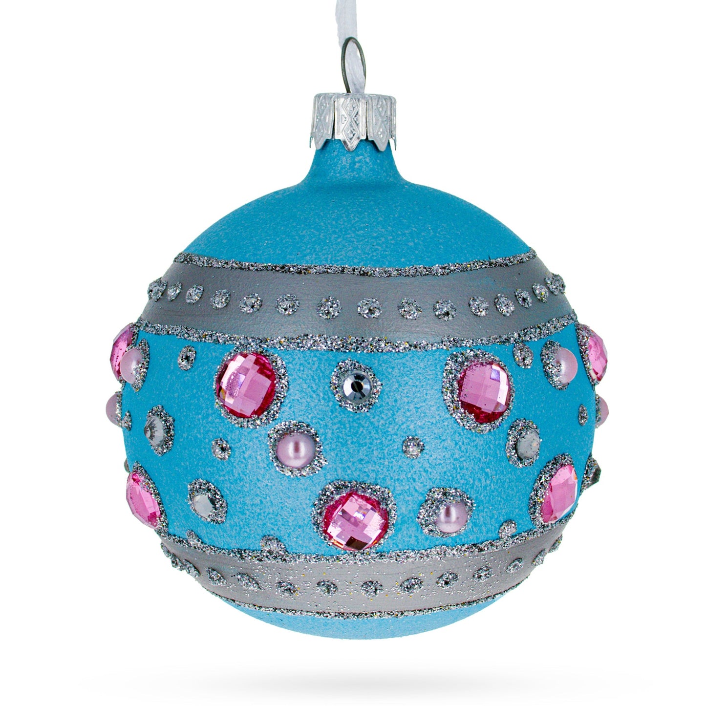 Sapphires and Diamonds Art Nouveau Design Glass Ball Christmas Ornament 3.25 Inches