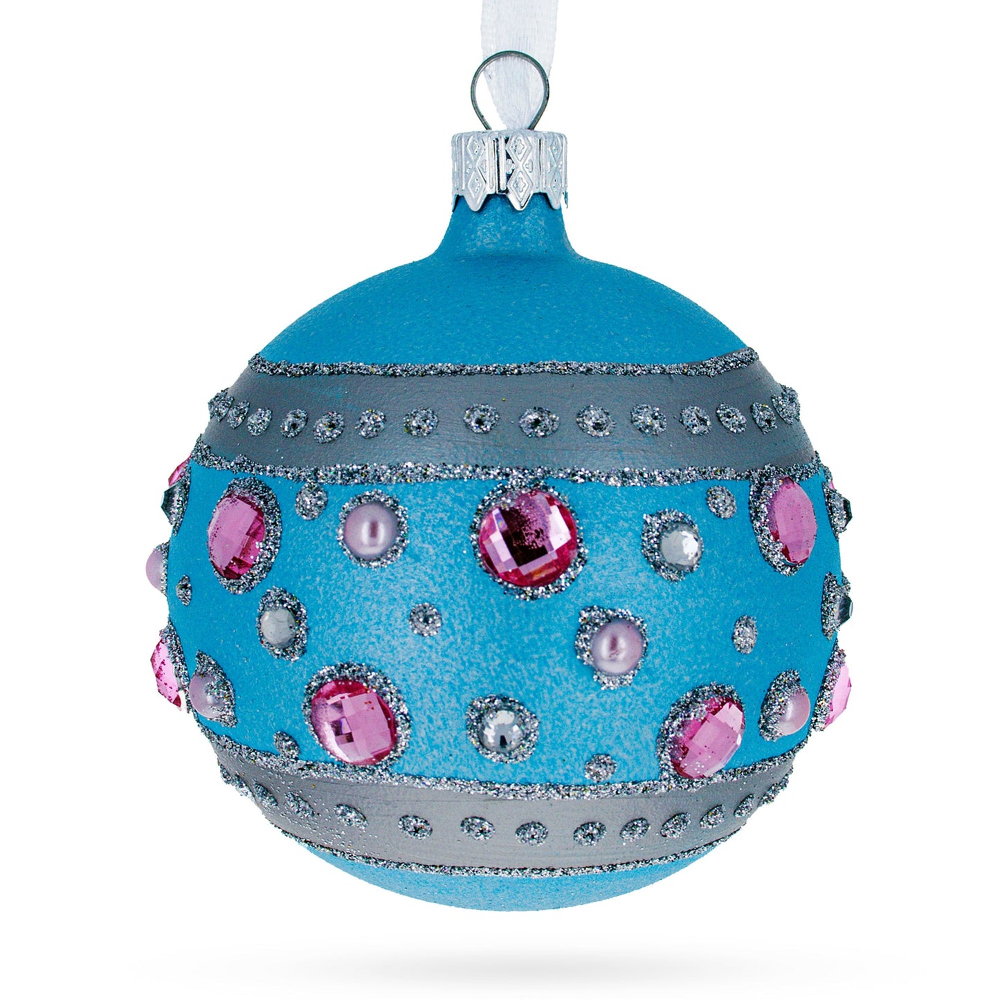 Sapphires and Diamonds Art Nouveau Design Glass Ball Christmas Ornament 3.25 Inches