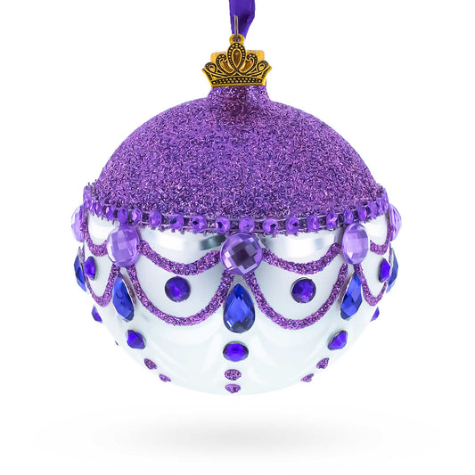 Glittered Purple Top Glass Ball Christmas Ornament 3.25 Inches