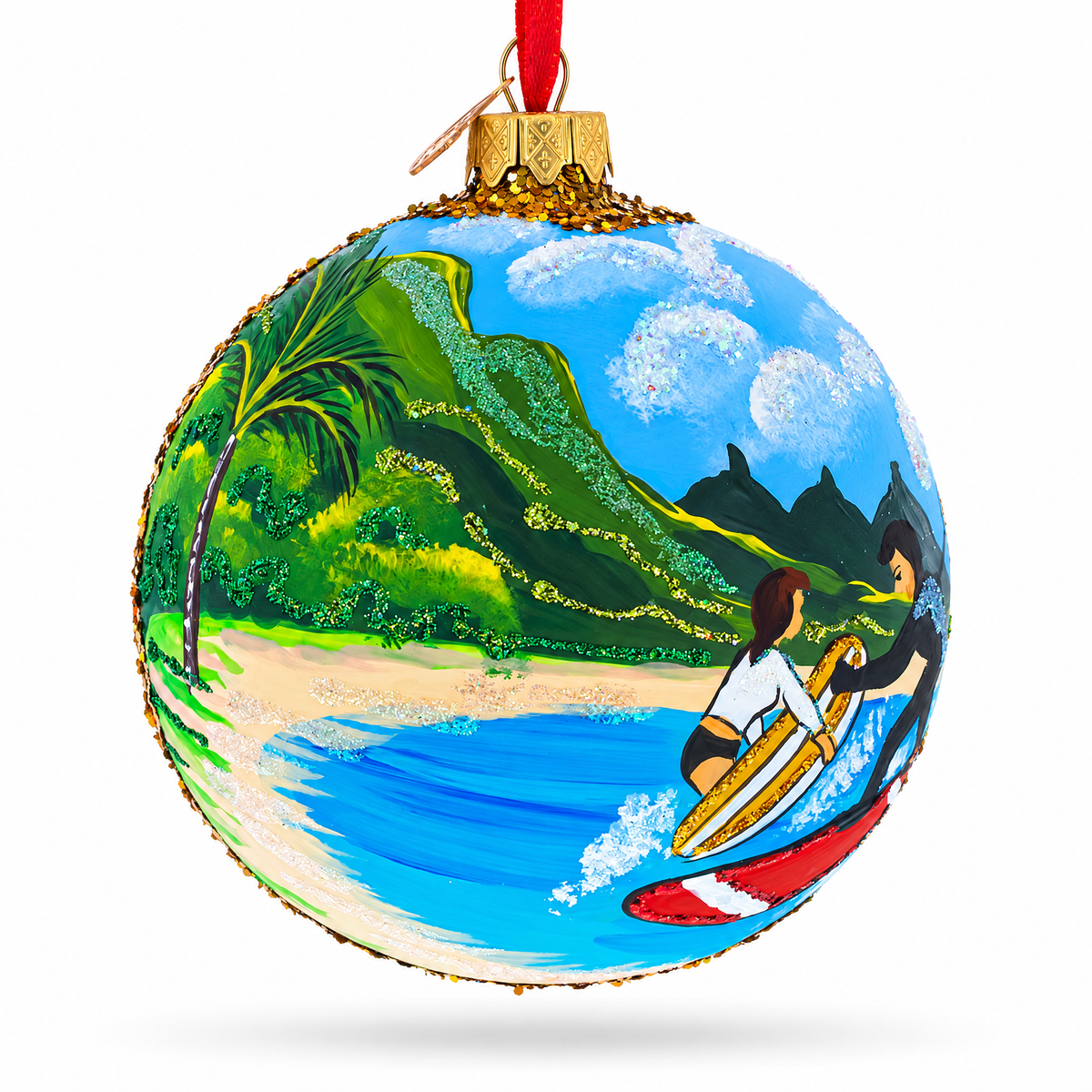 Surfers at Hawaii Beach, USA Glass Ball Christmas Ornament 4 Inches