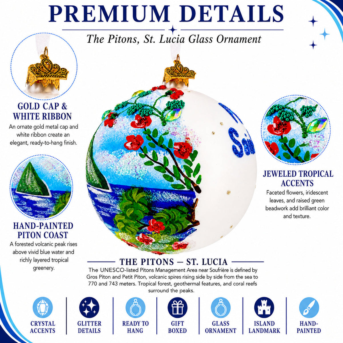 The Pitons, St. Lucia Glass Ball Christmas Ornament