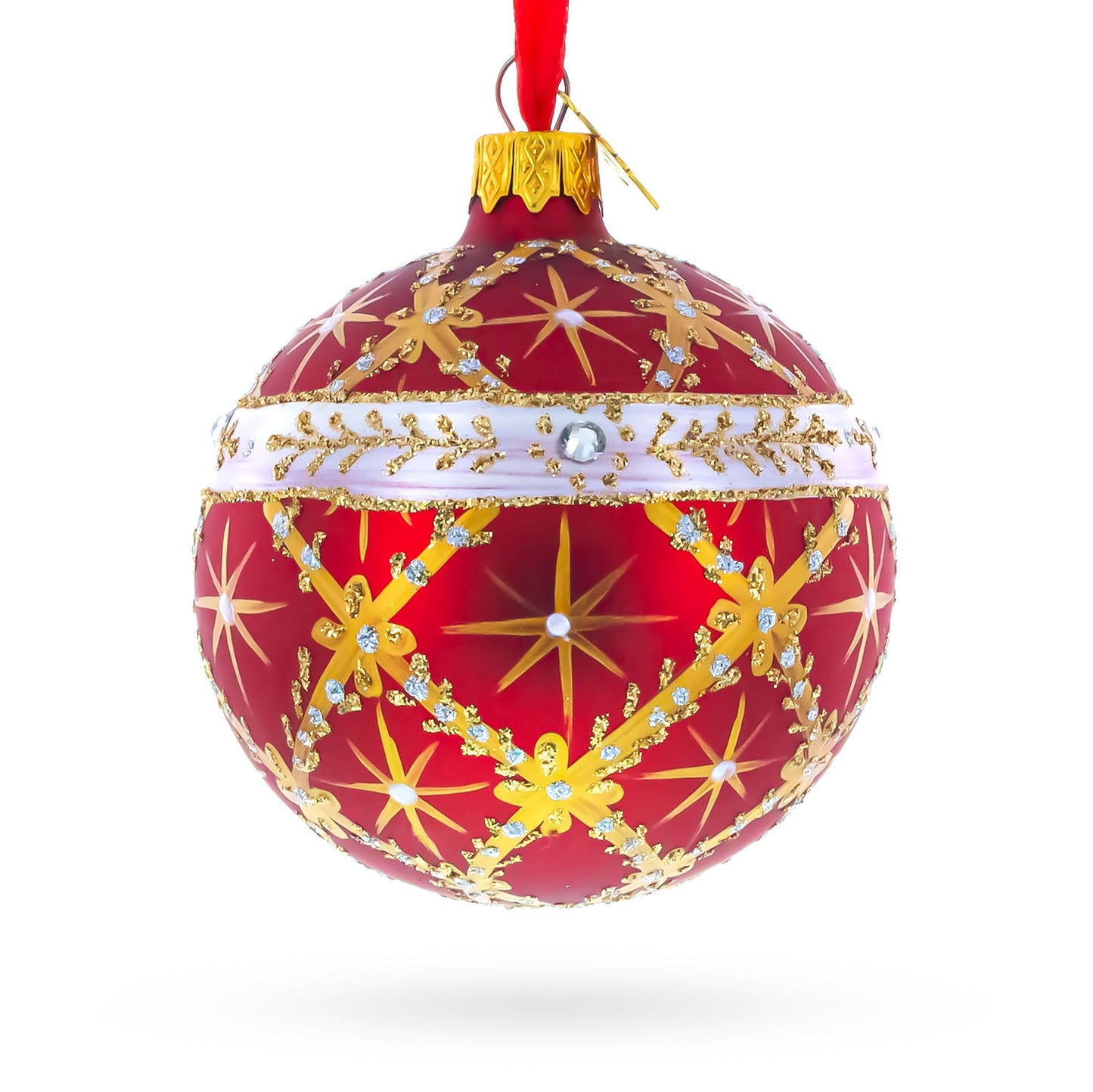 Diamond Trellis on Red Glass Ball Christmas Ornament 3.25 Inches