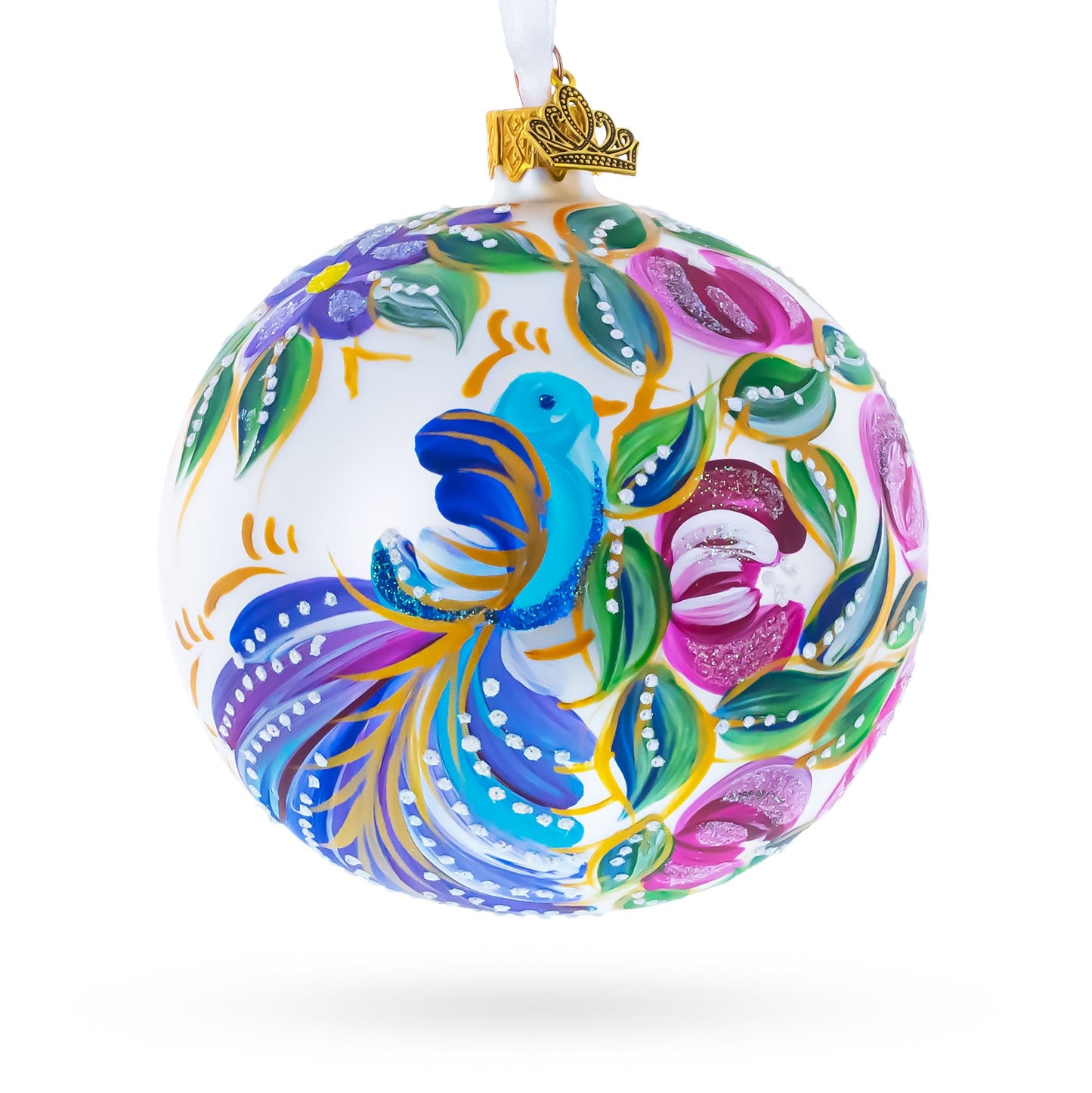 Blue Bird on White Glass Ball Christmas Ornament 4 Inches