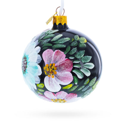 Pink and White Floral Blossoms Glass Ball Christmas Ornament 3.25 Inches
