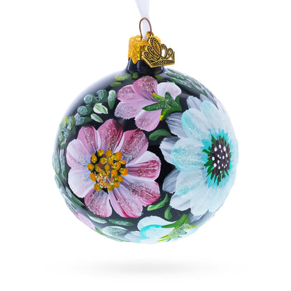 Pink and White Floral Blossoms Glass Ball Christmas Ornament 3.25 Inches