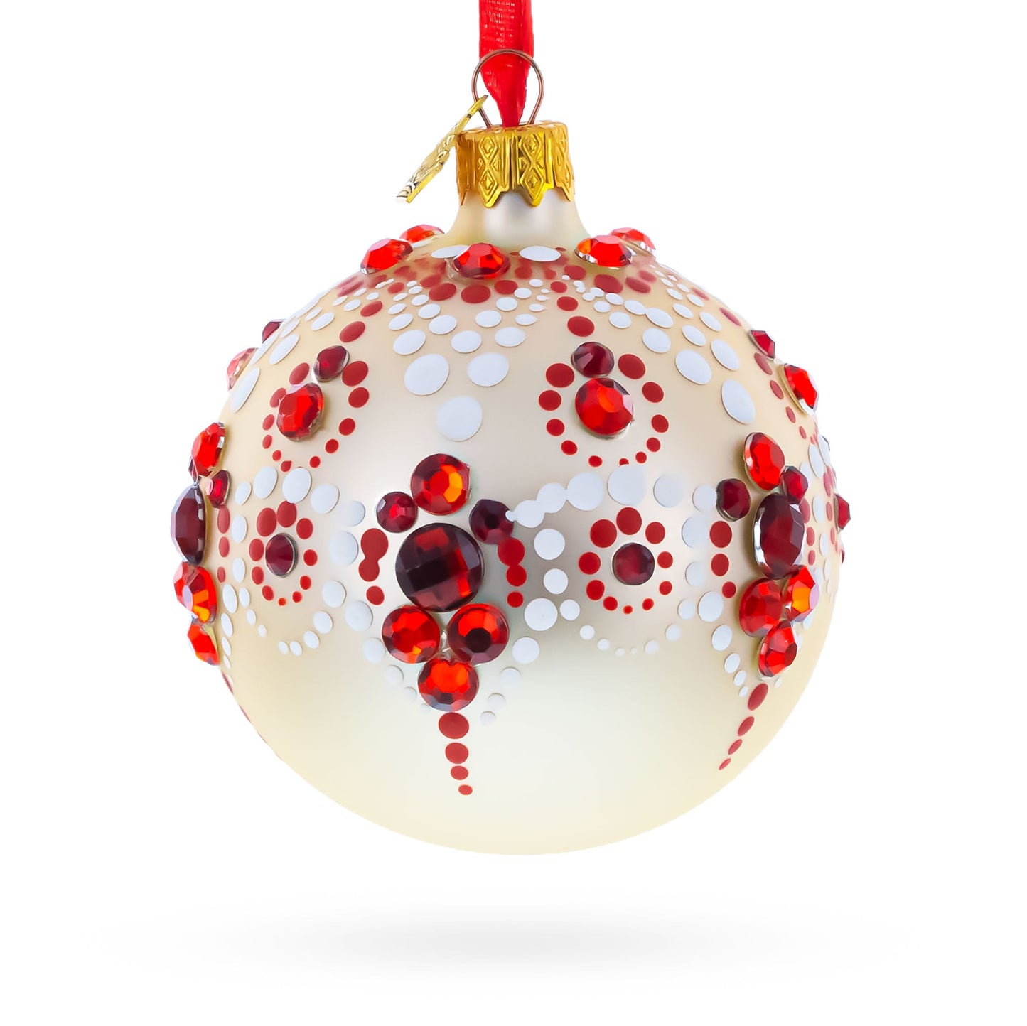 Red and Crystal Droplets Festive Glass Ball Christmas Ornament 3.25 Inches