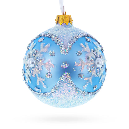 Sparkling Blue Snowflake and Pearl Glass Ball Ornament 3.25 Inches