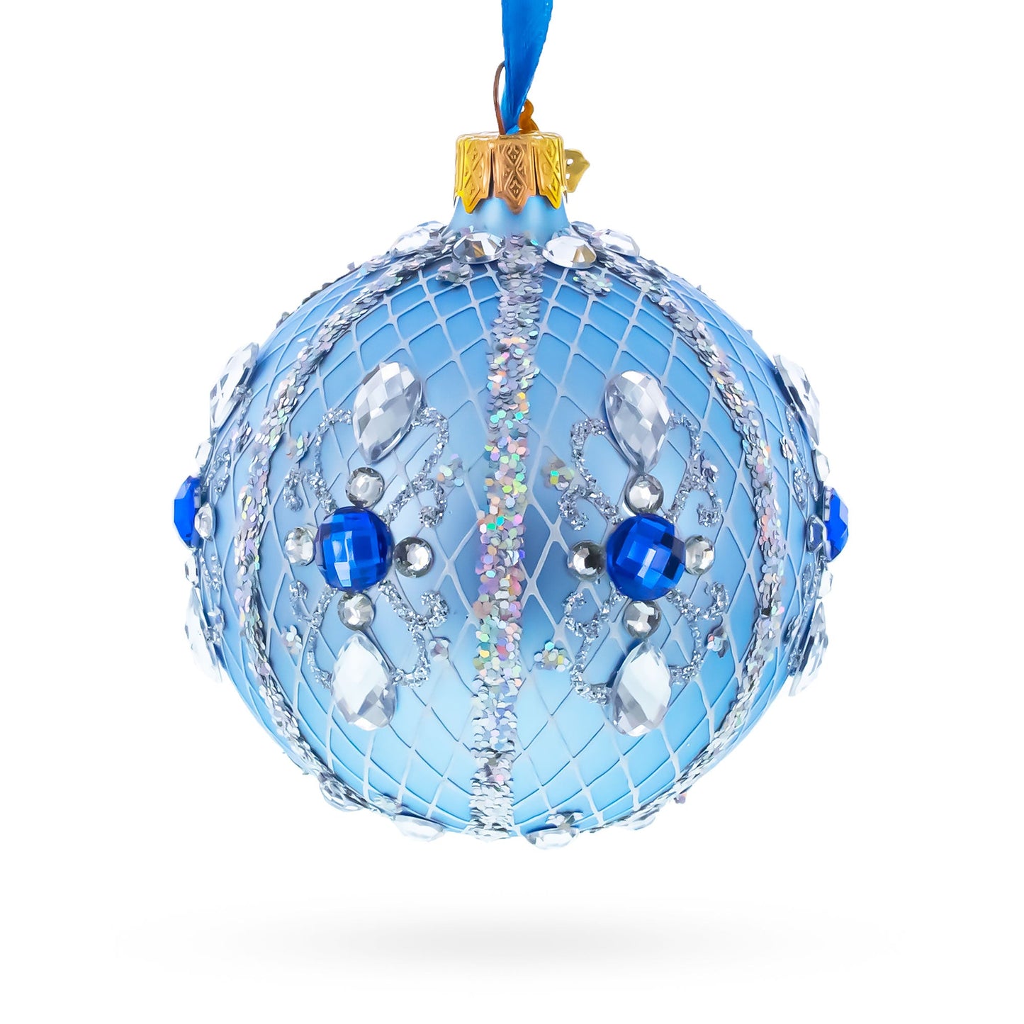 Luxurious Blue and Silver Jeweled Glass Ball Ornament 3.25 Inches