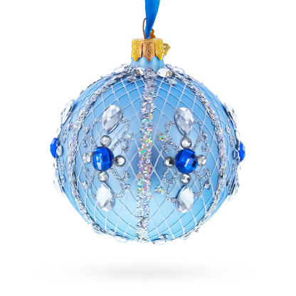 Luxurious Blue and Silver Jeweled Glass Ball Ornament 3.25 Inches