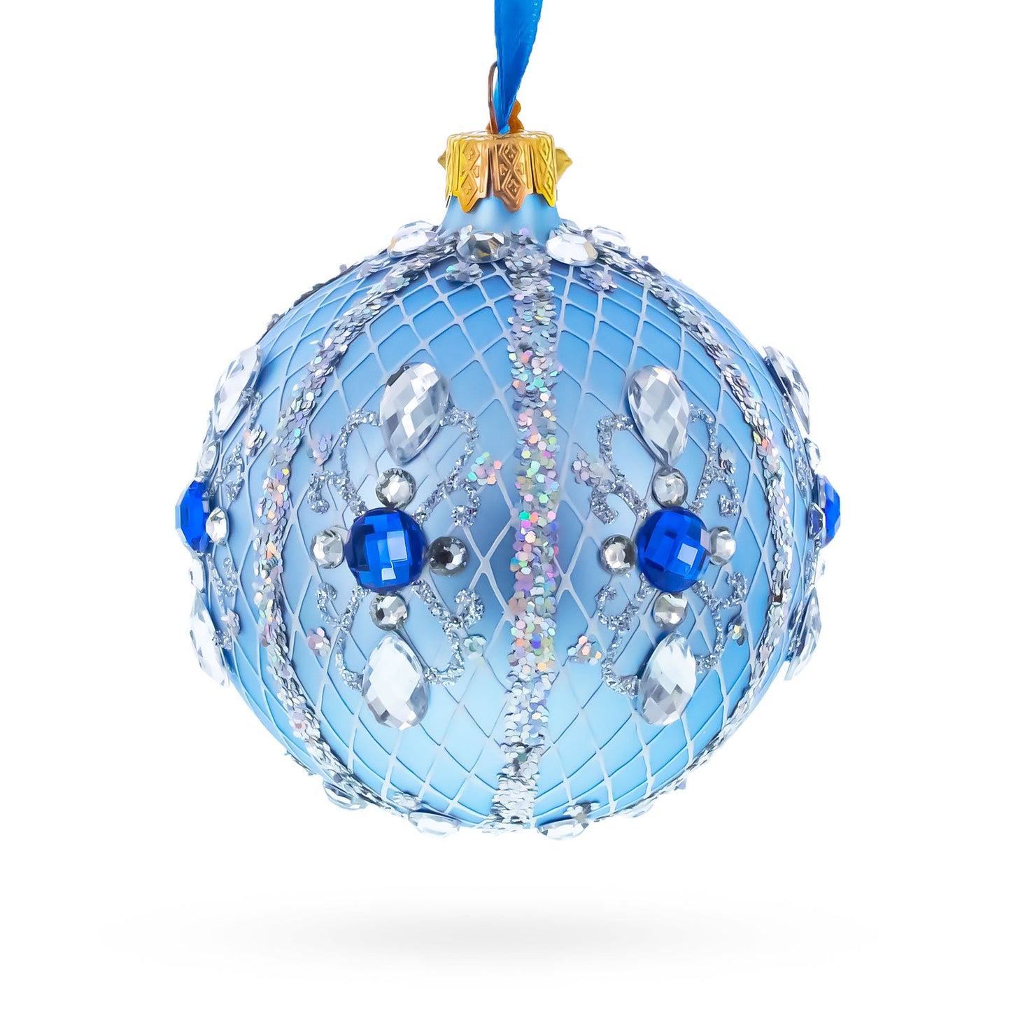 Luxurious Blue and Silver Jeweled Glass Ball Ornament 3.25 Inches