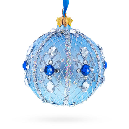 Luxurious Blue and Silver Jeweled Glass Ball Ornament 3.25 Inches