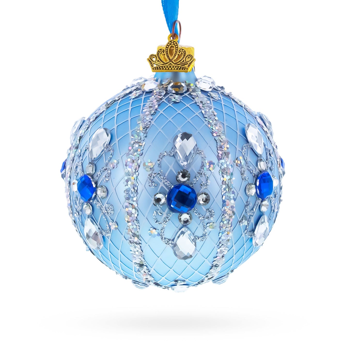 Luxurious Blue and Silver Jeweled Glass Ball Ornament 3.25 Inches