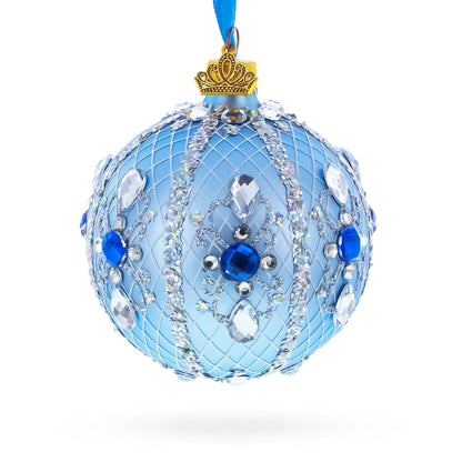 Luxurious Blue and Silver Jeweled Glass Ball Ornament 3.25 Inches