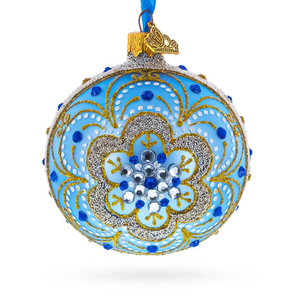 Baroque Filigree with Gemstones on Blue Glass Ball Christmas Ornament 3.25 Inches