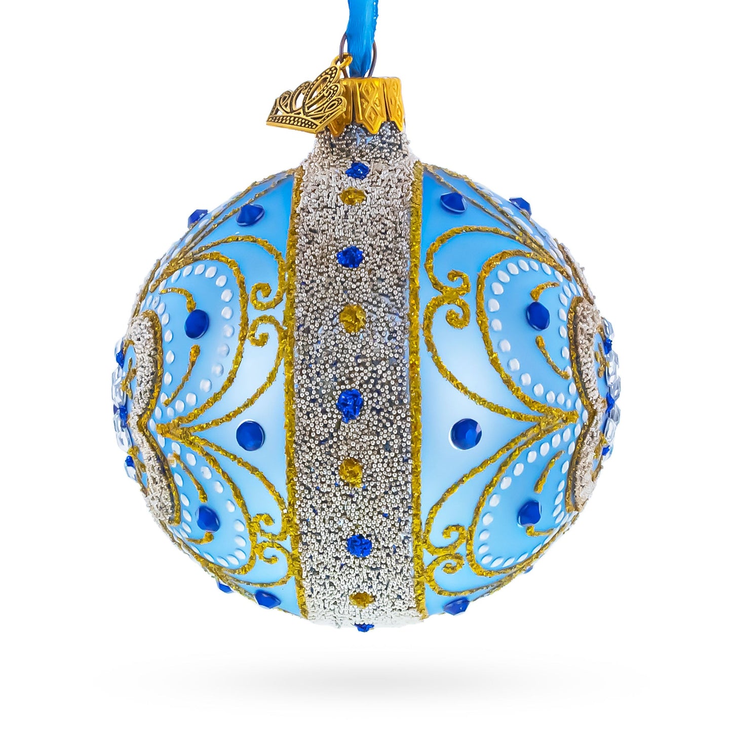 Baroque Filigree with Gemstones on Blue Glass Ball Christmas Ornament 3.25 Inches