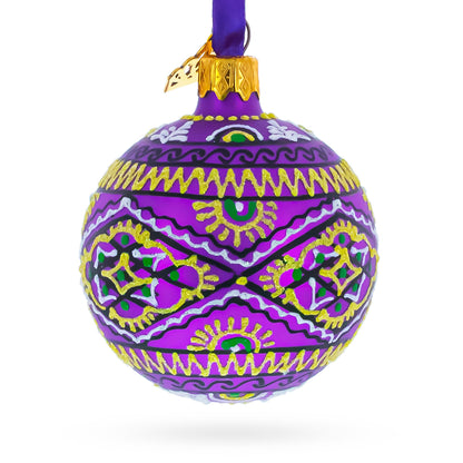 Purple Geometric Ukrainian Glass Ball Christmas Ornament 2.4 Inches