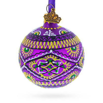 Purple Geometric Ukrainian Glass Ball Christmas Ornament 2.4 Inches