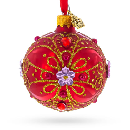 Red and Gold Glitter Scrollwork & Gem Accents Glass Ball Christmas Ornament 2.4 Inches