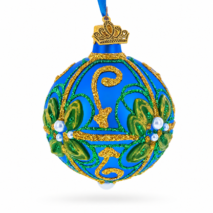 Green & Gold Glitter Pearls & Floral Accents Blue Glass Ball Christmas Ornament 2.4 Inches