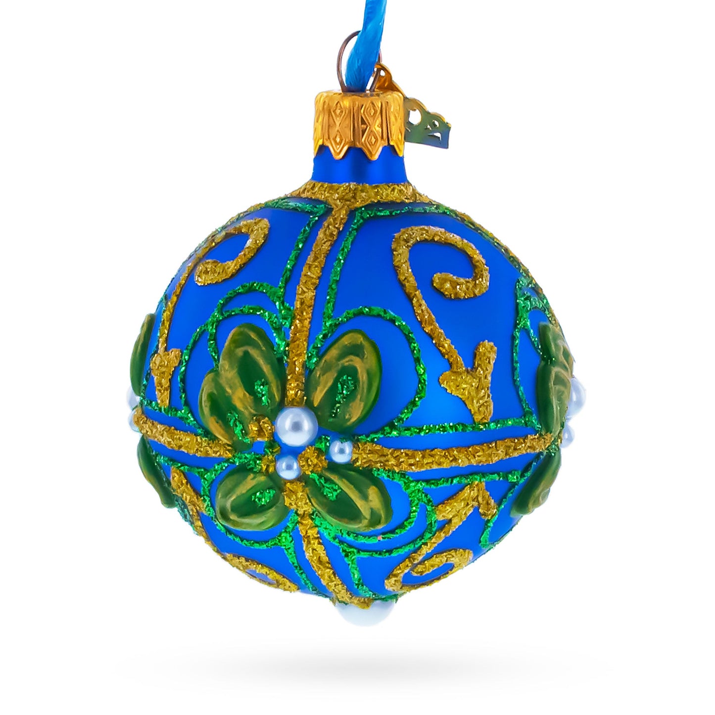 Green & Gold Glitter Pearls & Floral Accents Blue Glass Ball Christmas Ornament 2.4 Inches
