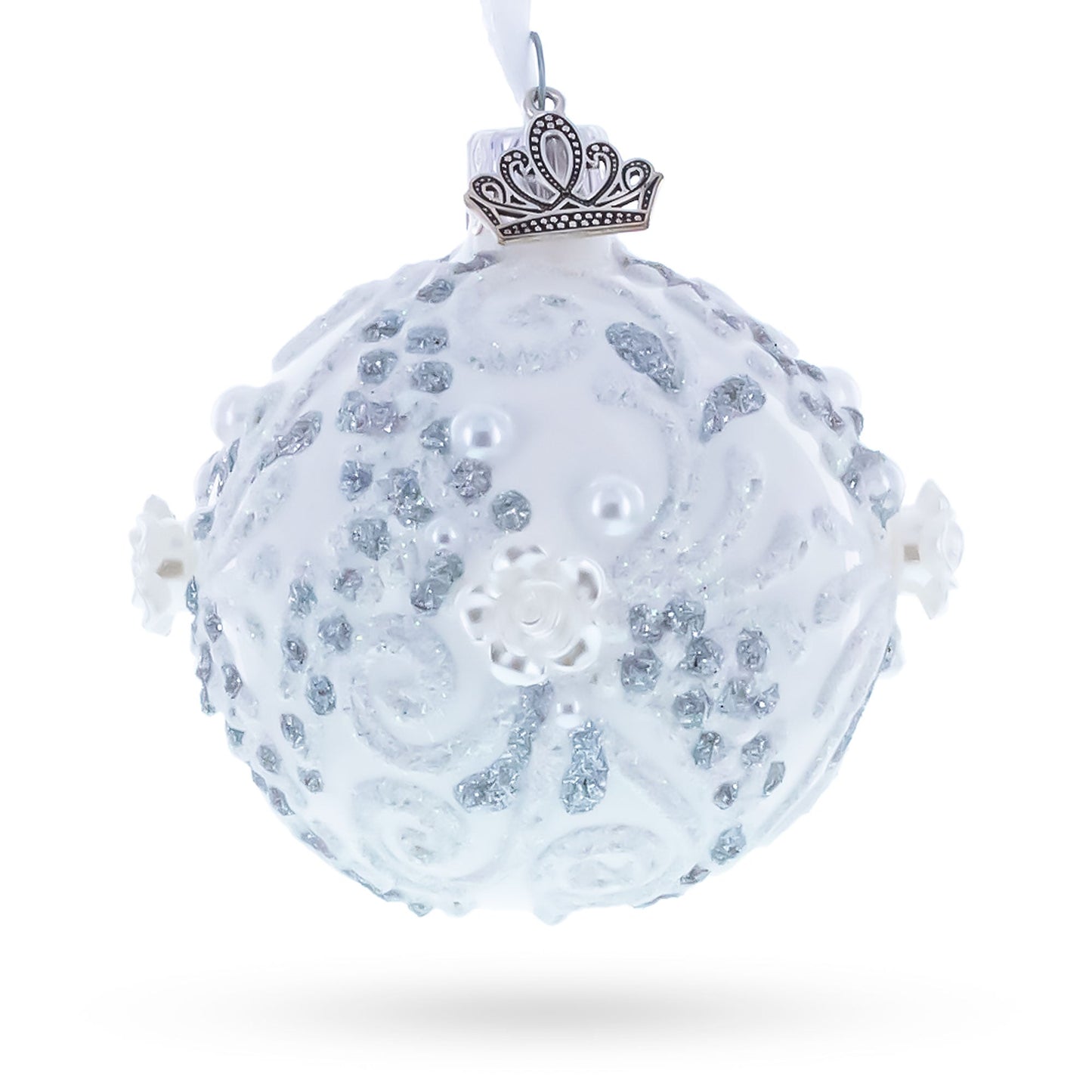 Silver Glitter Scrolls, Pearls & Rose Accents Winter Elegance Glass ball Ornament 2.4 Inches