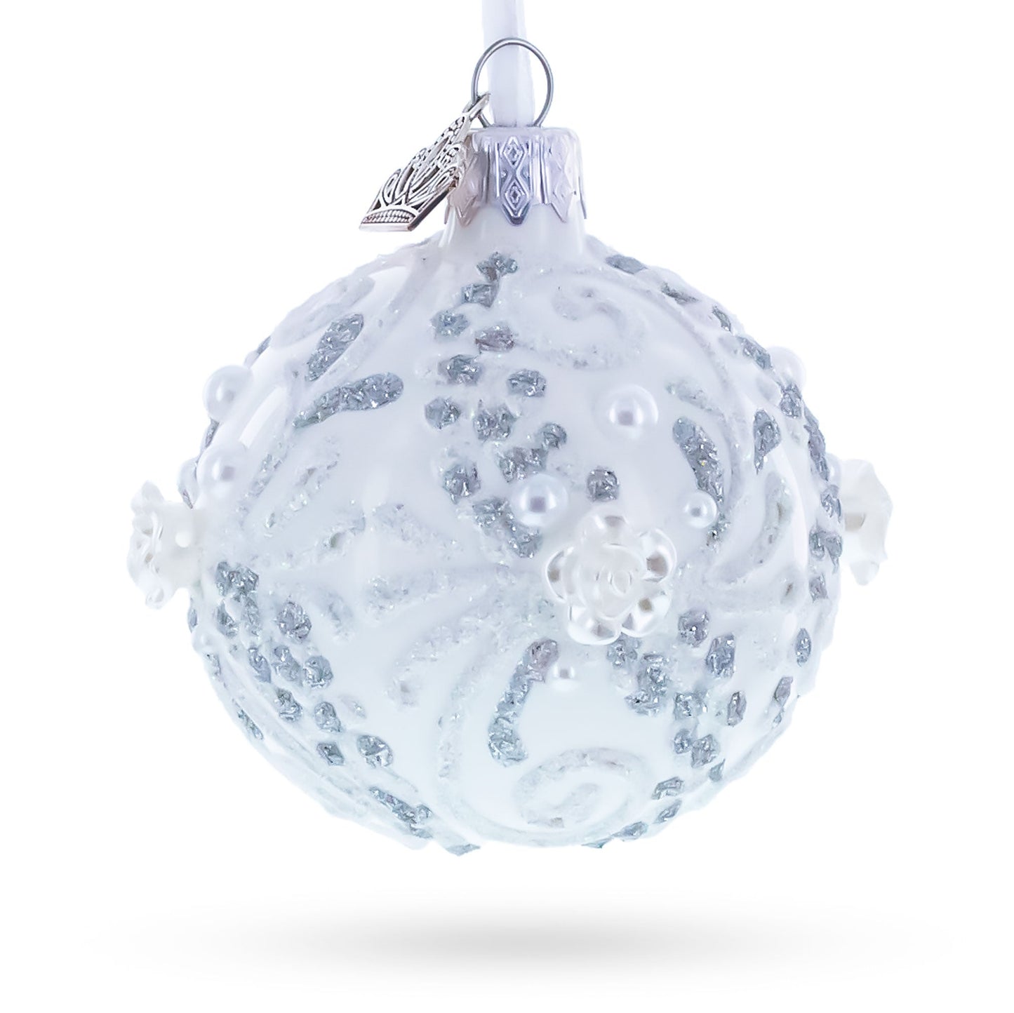 Silver Glitter Scrolls, Pearls & Rose Accents Winter Elegance Glass ball Ornament 2.4 Inches