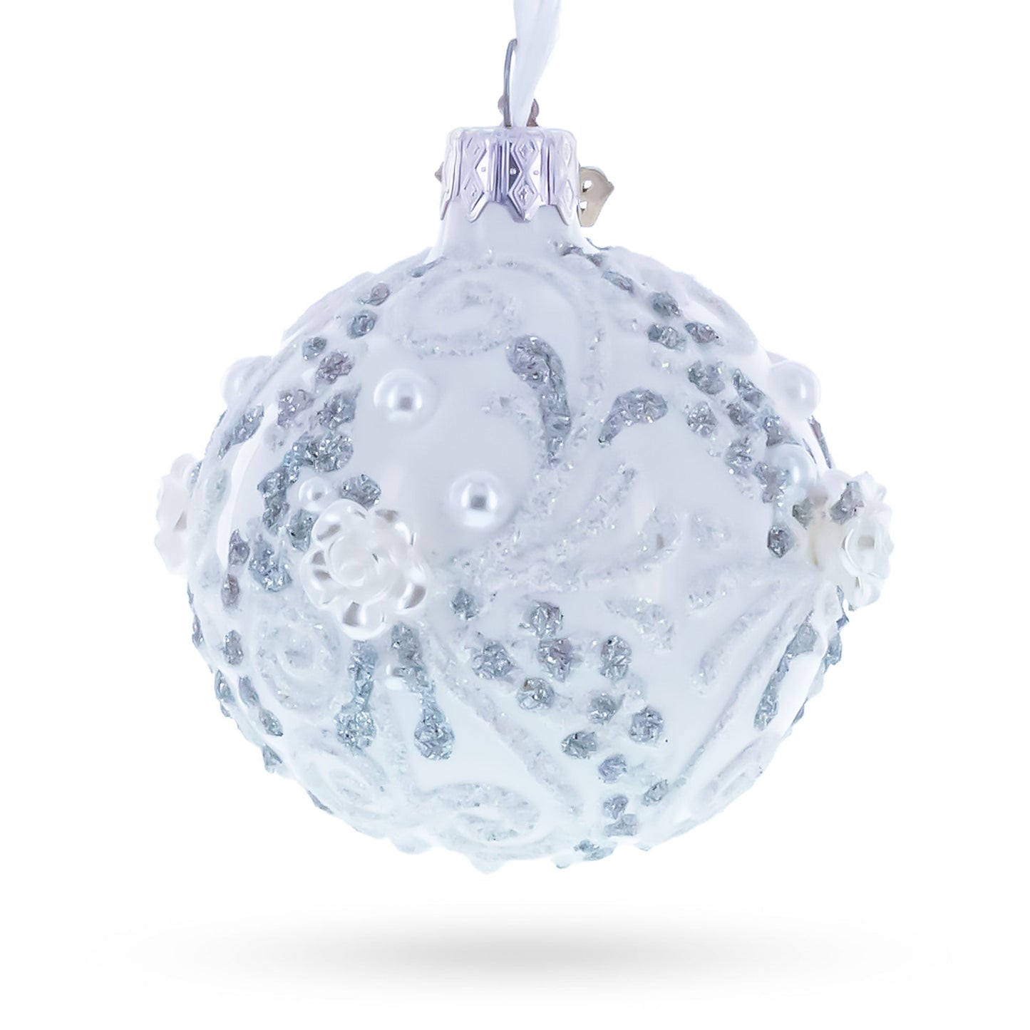 Silver Glitter Scrolls, Pearls & Rose Accents Winter Elegance Glass ball Ornament 2.4 Inches