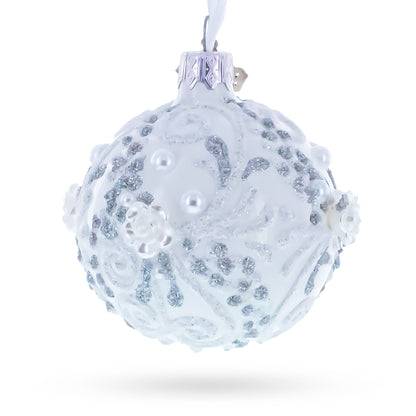 Silver Glitter Scrolls, Pearls & Rose Accents Winter Elegance Glass ball Ornament 2.4 Inches