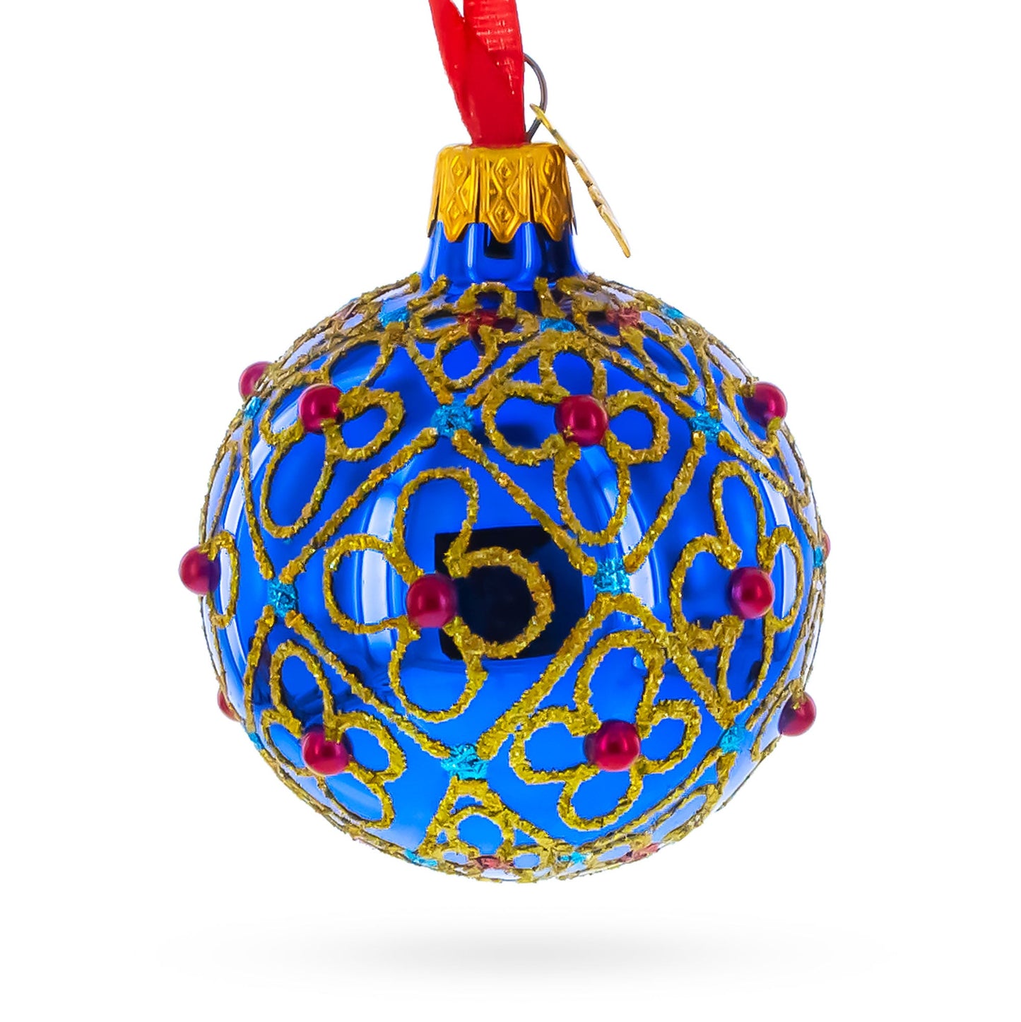 Red Beads, Blue Crystals & Filigree Trellis Glitter on Gold Glass ball Ornament 2.4 Inches