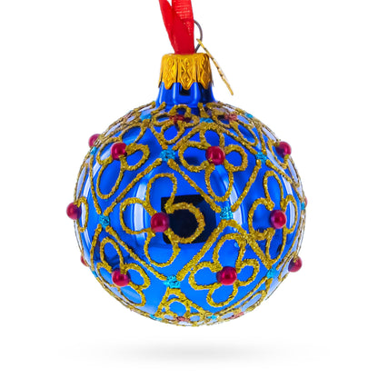 Red Beads, Blue Crystals & Filigree Trellis Glitter on Gold Glass ball Ornament 2.4 Inches