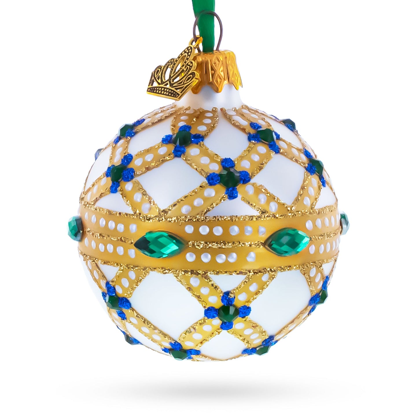 Yellow Trellis, Green Gems & Royal Blue Accents Glass Ball Christmas Ornament 2.4 Inches