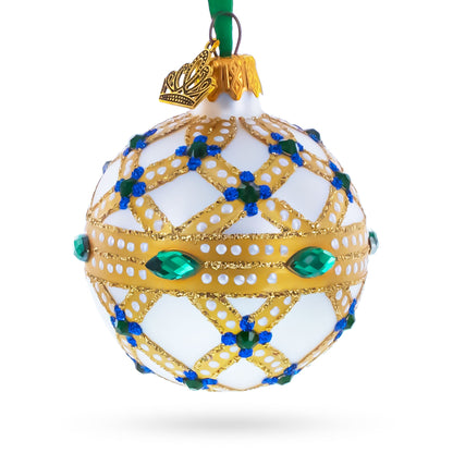 Yellow Trellis, Green Gems & Royal Blue Accents Glass Ball Christmas Ornament 2.4 Inches