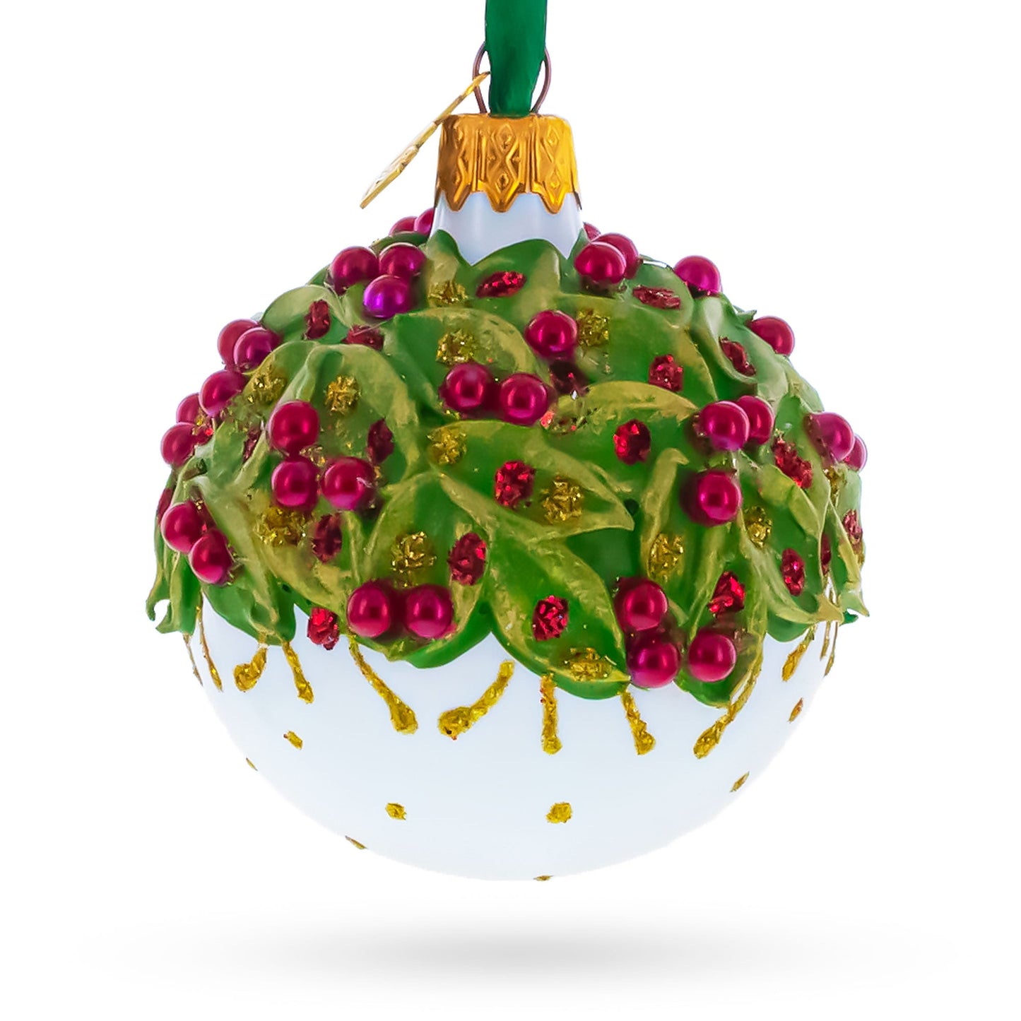Red Pearls and Poinsettia Flowers on Glossy White Glass Ball Christmas Ornament 2.4 Inches