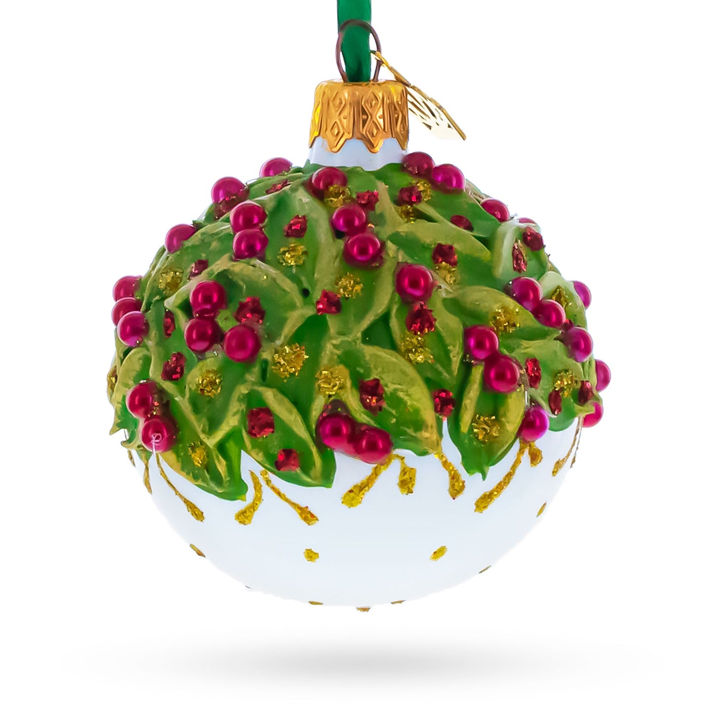 Red Pearls and Poinsettia Flowers on Glossy White Glass Ball Christmas Ornament 2.4 Inches