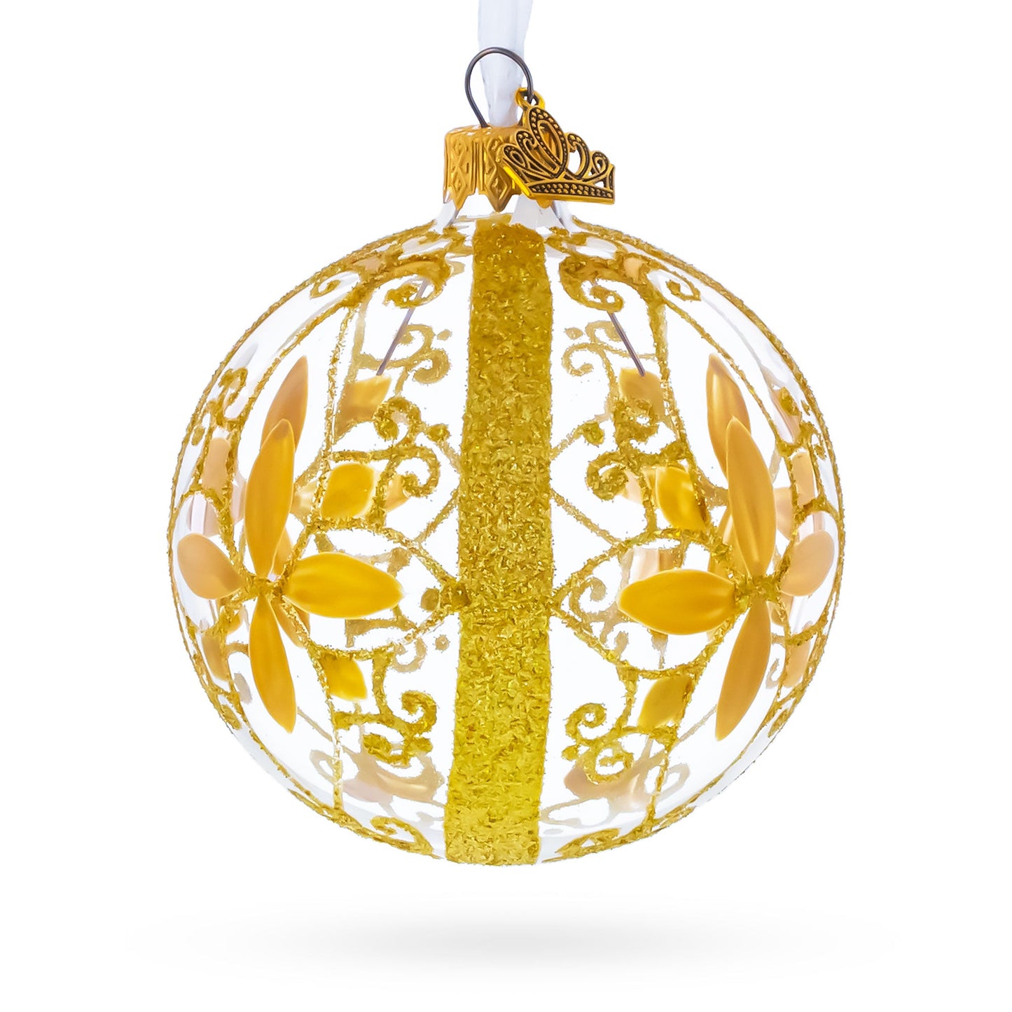Gold Filigree Floral Design Glass Ball Christmas Ornament 3.25 Inches